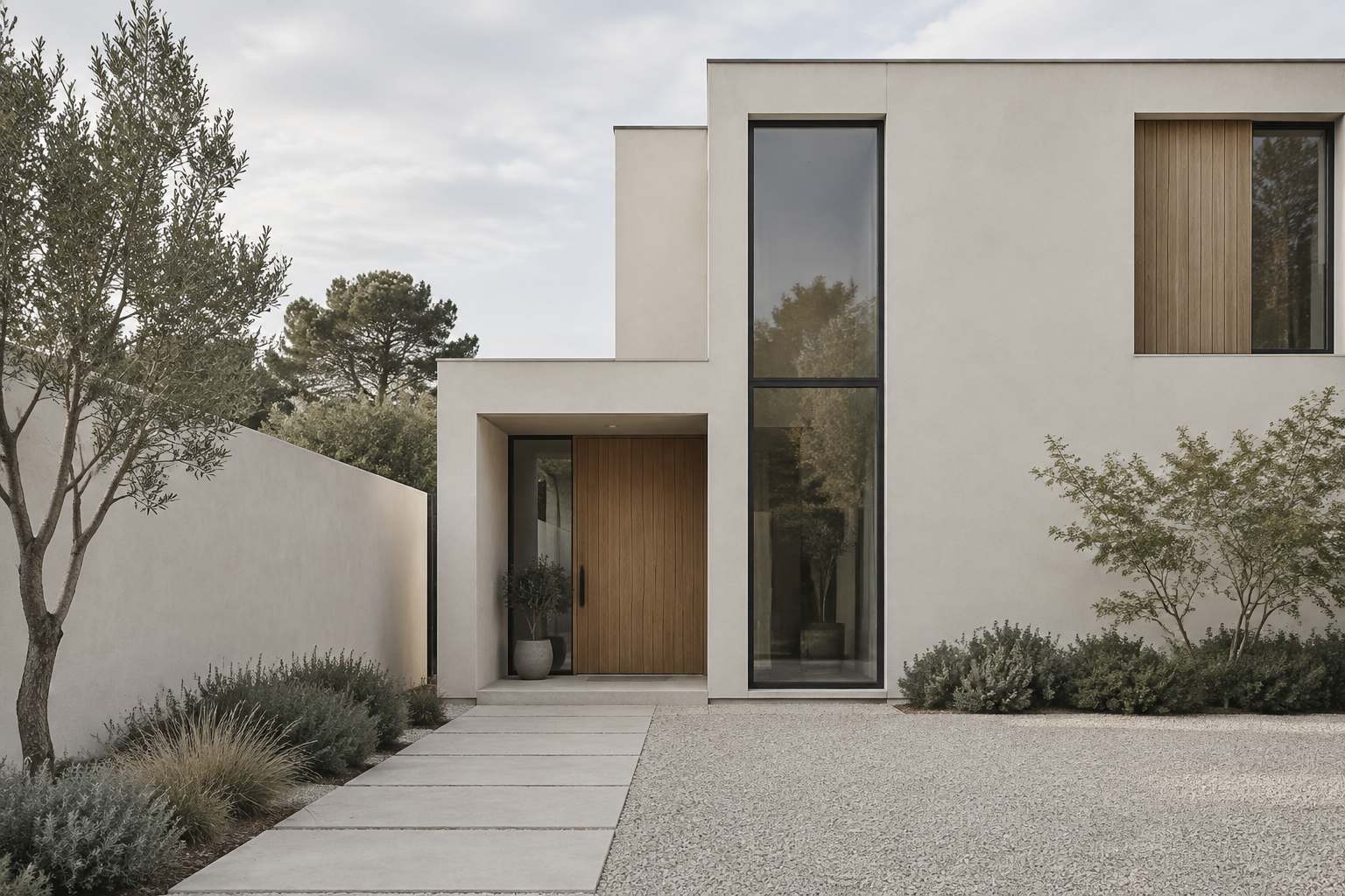 Minimalistisches Wohnhaus mit mineralischem Putz, zurückgesetztem Eingang und klar gefasstem Innenhof.